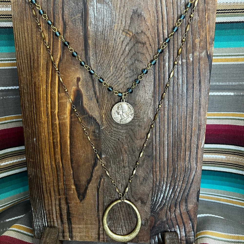 Gold and Black Layered Necklace with Circular Pendants